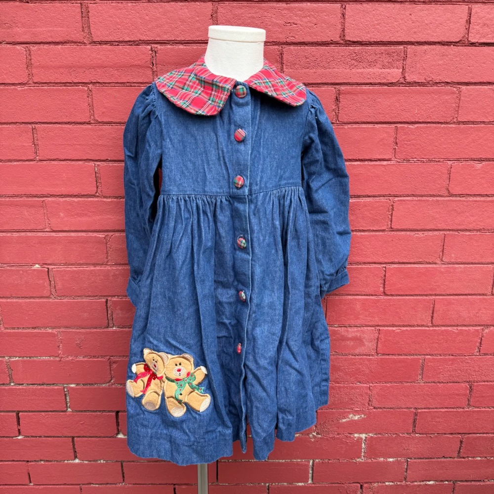 Vintage‎ Copper Key Girls Size 5 Denim Teddy Bear Dress Plaid Collar USA Kidcore